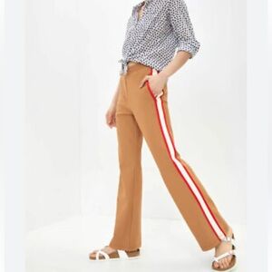 Anthropologie Camel Tan Jumpsuit-Style Pants with Red & White Side Stripe